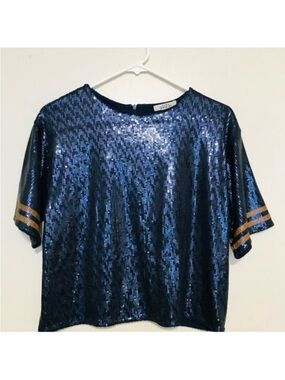 Zara Navy Blue Sequin Short Sleeve Shirt Tan Stripes
